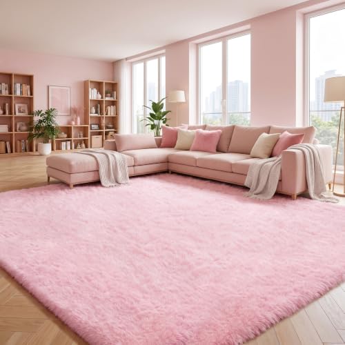 Huiuhjirug Fluffy Pink Area Rug,9x12 Tapis for Living Room Bedroom Girls