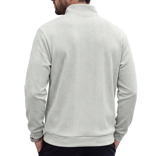 Mens Long Sleeve Shirts Warm Quarter Zip Pullover Waffle Knit Tees Gray