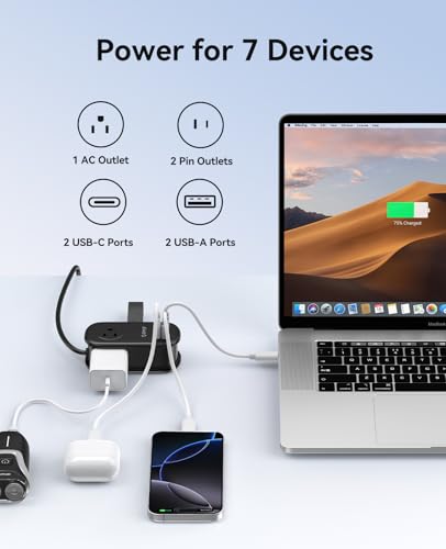 ORICO 65W GaN Travel Power Strip with 7-in-1 Charging Ports (3 AC Outlets/2 USB-A/2 USB-C), Flat Plug and 4FT Extension Cord, Fast Charger for MacBook Pro/Air, iPad Pro, iPhone 17/16/15- AP3