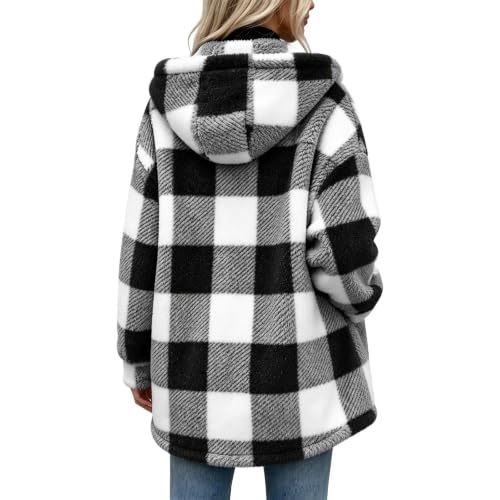 Women's Flannel Plaid Shacket Plus Size Full Zip Up Hooded Sherpa Jacket | Comfy Cozy Long Sleeve Coat, Fall Winter Warm Coats, Oversized Soft Fuzzy Hoodie, Cold Weather Outerwear with Pockets, Trendy