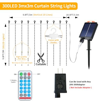 Curtain Lights Outdoor 10x10Ft 300LED Hanging Solar Lights with Solar & USB-C Charging 13 Modes Dimmable Waterproof Remote Twinkle Fairy String Light for Gazebo Patio Christmas Yard Pavilion Pergola
