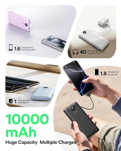VEGER Portable Charger, 10000mAh Power Bank with Built-in Cables&Wall Plug