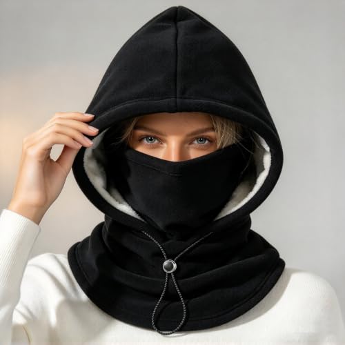 One-Piece Polar Fleece Warm Mask Hat, 3 In 1 Thermal Winter Cap | Sherpa Double Layer Integrated Hat Windproof Cycling Motorcycle Balaclava With Adjustable Drawstring Warm Face Covering