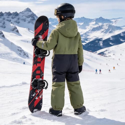 Kids Snow Pants Boys One Piece Ski Suit Waterproof Windproof Padded Snow Suits Kid Girls Winter Outdoor Warm Hooded Snowboard Jumpsuit Army Green 14-15 years