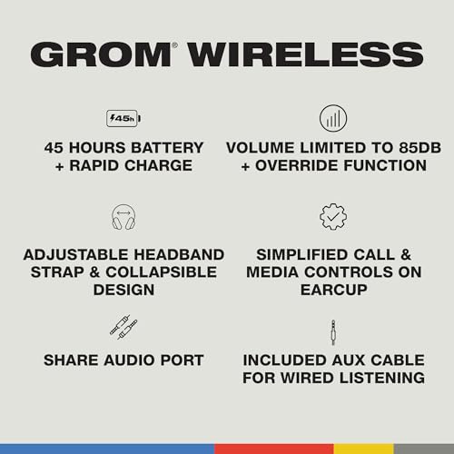 Skullcandy Grom Wireless Over-Ear Volume-Limiting Audio Headphones - Black | Designed for Kids 6+, 45 Hours Battery, Backup 3.5mm AUX Cable Included with Built-In Microphone, Comfortable Fit for Travel
