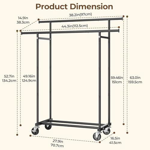 HYSEYY Double Rods Clothes Rack, Rolling Clothing Rack, Metal Garment Rack with 4 Lockable Wheels & Storage Shelf, Sturdy Coat Rack for Bedroom, Laundry, Living Room - 160H x 113W x 42D cm (White)