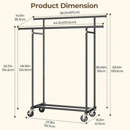 HYSEYY Double Rods Clothes Rack, Rolling Clothing Rack, Metal Garment Rack with 4 Lockable Wheels & Storage Shelf, Sturdy Coat Rack for Bedroom, Laundry, Living Room - 160H x 113W x 42D cm (White)