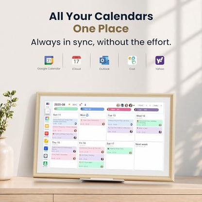 Winnovo 15.6-Inch Smart Digital Calendar & Photo Frame for Family, Wall Planner with Light Wood Frame, Auto-Sync to Apple, Google & Outlook, Touchscreen Display with Chore Chart, To-Do Lists & Meal Planner, No Subscription