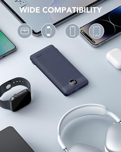 Portable Charger with Built-in Cables & AC Wall Plug, Slim Power Bank