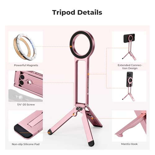 K&F CONCEPT Magnetic Phone Tripod Stande, 23N Strong Magnetic Mini Tripod Aluminium Alloy Pocket Selfie Stick, Mag Safe Phone Holder Compatible with iPhone 17 16 15 14 13 12 Series(Pink)