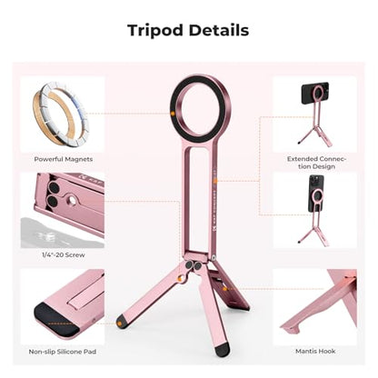 K&F CONCEPT Magnetic Phone Tripod Stande, 23N Strong Magnetic Mini Tripod Aluminium Alloy Pocket Selfie Stick, Mag Safe Phone Holder Compatible with iPhone 17 16 15 14 13 12 Series(Pink)
