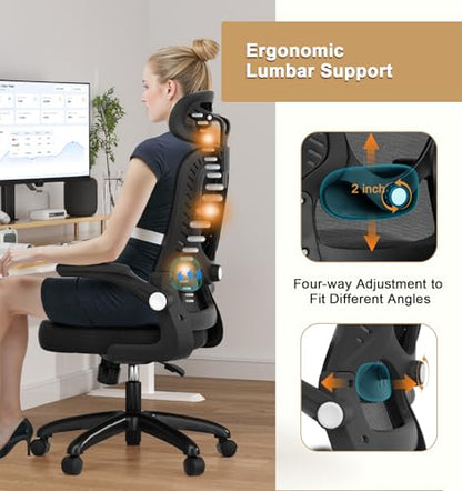 Office Chair, SPRDENG Ergonomic Office Chair with Two-Way Adjustable Lumbar Support & Headrest, High Back S-Shaped Computer Chair with Flip-up Padded Armrests, Swivel Task Chair for Home Office