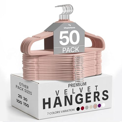 Utopia Home Velvet Hangers 50 Pack – Non-Slip Slim Pink Hangers | Luxury Non-Slip Slim Pant & Coat Hangers | Strong Space-Saving Clothes Hangers | 360° Swivel Hook