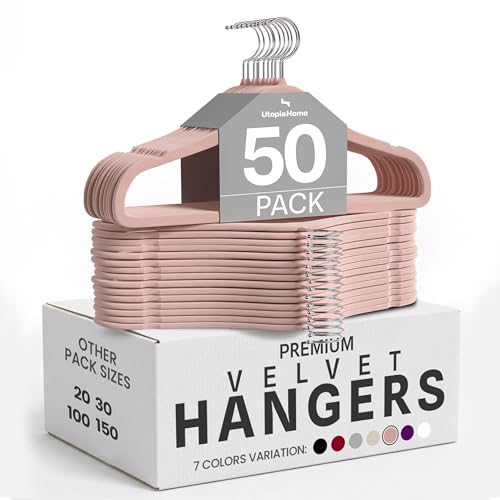 Utopia Home Velvet Hangers 50 Pack – Non-Slip Slim Pink Hangers | Luxury Non-Slip Slim Pant & Coat Hangers | Strong Space-Saving Clothes Hangers | 360° Swivel Hook