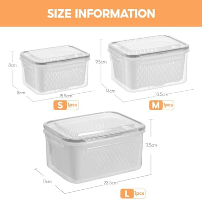 4 in 1 Food Storage Container, Set of 3 Produce Keeper Containers for Fridge, Household Transparent Plastic Food Storage Box-Including Drain Basket, For Vegetable and Berry, Kitchen Organizer