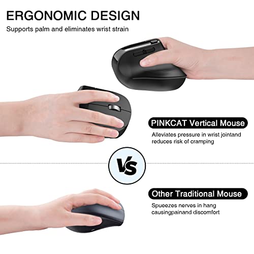 Wireless Vertical Mouse, PINKCAT 2.4G Silent Advanced Ergonomic Mouse with USB Receiver, 3 Adjustable DPI Optical Wireless Ergo Mouse for Laptop, PC, Notebook, Deskbtop, MacBook, Surface - (Black)