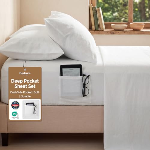 Bedsure Queen Sheet Set - 6 Pieces Prewashed Ultra-Soft Sheets Queen, White | Dual Side Pockets, Breathable, Secure Fit, Hotel Luxury Bedding, Extra Deep Pocket, Fade Resistant, For Air Mattress