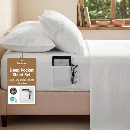 Bedsure Queen Sheet Set - 6 Pieces Prewashed Ultra-Soft Sheets Queen, White | Dual Side Pockets, Breathable, Secure Fit, Hotel Luxury Bedding, Extra Deep Pocket, Fade Resistant, For Air Mattress