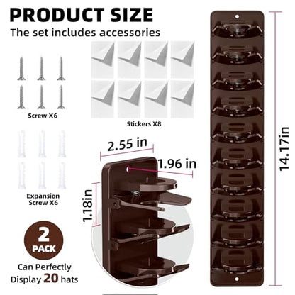 Spring Clip Hat Organizer for Baseball Caps – 2 Pack, Wall Hat Rack for Door & Closet – Keeps 20 Hats Tidy in Garage, Dorm, Man Cave – Multi-Layer Cap Storage (Brown)