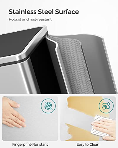 SONGMICS Trash Can, 2 x 8 Gallon Garbage Can for Kitchen, with 15 Trash Bags, 2 Compartments, Plastic Inner Buckets and Hinged Lids, Airtight, Silver and Black ULTB60NL