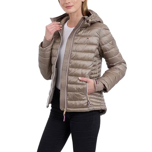 Tommy Hilfiger Women's Lightweight Packable Puffer Jacket with Hood & Bag, Taupe, Large