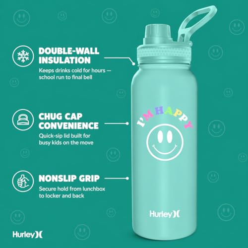 Hurley 32 Oz Reusable Water Bottle with Chug Cap Stainless Steel Sports Bottle "I'M HAPPY" Design with Handle on Lid, Mint