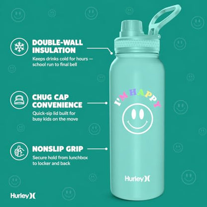 Hurley 32 Oz Reusable Water Bottle with Chug Cap Stainless Steel Sports Bottle "I'M HAPPY" Design with Handle on Lid, Mint