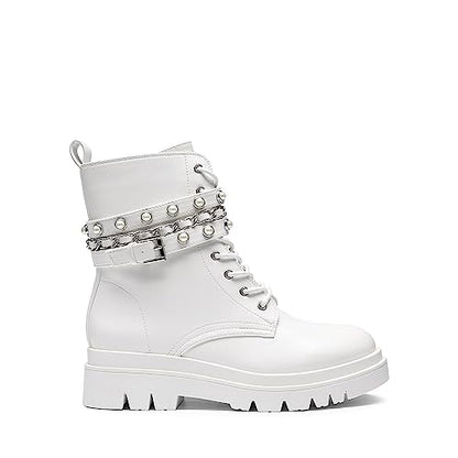 DREAM PAIRS Women's Combat Goth Ankle Boots Booties,White,8