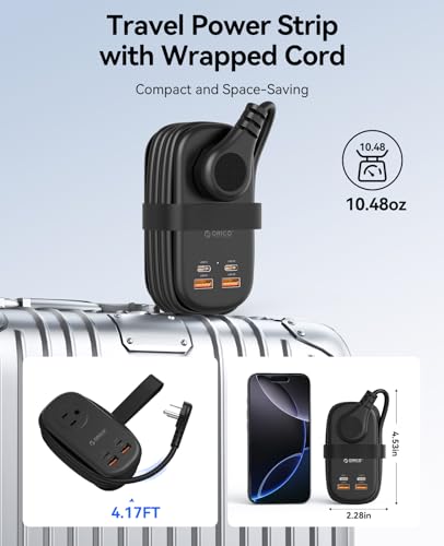 ORICO 65W GaN Travel Power Strip with 7-in-1 Charging Ports (3 AC Outlets/2 USB-A/2 USB-C), Flat Plug and 4FT Extension Cord, Fast Charger for MacBook Pro/Air, iPad Pro, iPhone 17/16/15- AP3