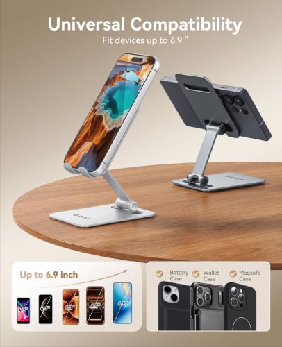 ORICO Heavy Duty Metal Phone Stand for Desk, Adjustable Cell Phone Holder | 7.8 oz Weighted Metal Design With 180° Dual-Axis Tilt, Full Silicone Anti-Scratch Base, Stable Support - PS3, Gray