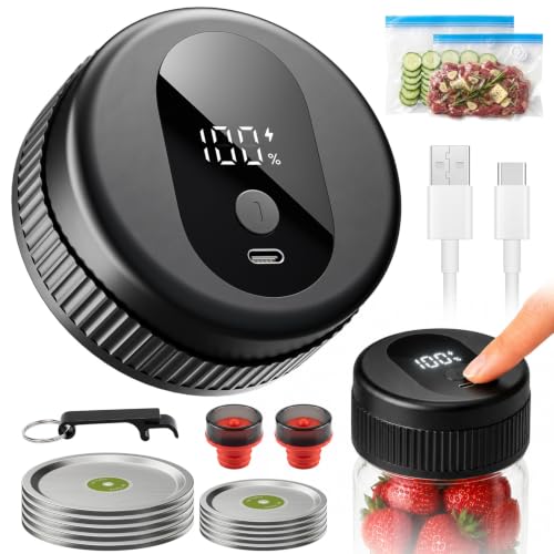Mason Jar Vacuum Sealer Kit for Wide and Regular Mason Jars | USB Charging, Rechargeable 1200mAh Battery, Smart One-Touch Button, Portable Vacuum Sealer for Food Storage and Fermentation