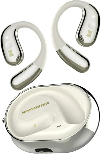 Monster Open Ear AC360, Wireless Bluetooth Rotary Earphone, with Lanyard, Upgraded Bluetooth 5.4, Touch Control, 24h Long Battery Life, IPX5 Waterproof,Long-Lasting Wear Without Fatigue, White