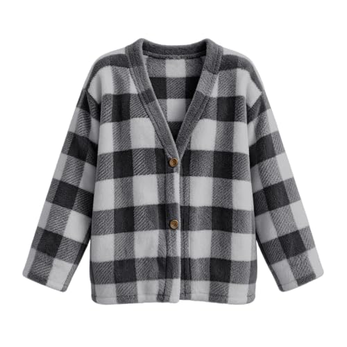 Womens Plaid Fleece Sweater Cardigan Open Front Fuzzy Sweaters Gray