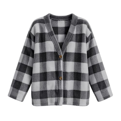 Womens Plaid Fleece Sweater Cardigan Open Front Fuzzy Sweaters Gray