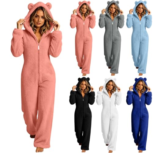 Womens Onesie Fleece Zip Up Cuffs Hooded Loose Cute Bear Pajamas | Long Sleeve Soft Fuzzy Jumpsuit,Casual Lounge One Piece Sherpa Sleepwear,Adult Onesie Party Funny Pjs,Fall Winter Loungewear