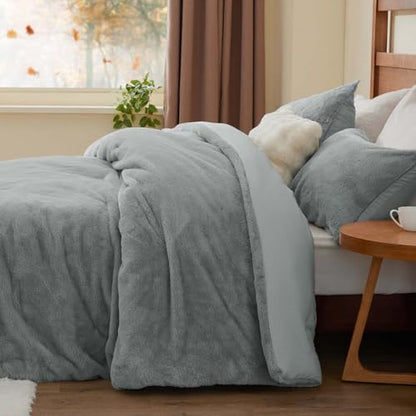 BEDELITE Faux Fur Queen Comforter Set Light Grey,Fluffy Bedding,2 Pillowcases