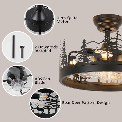 Merexcint Rustic Black Ceiling Fan with Light, Bear and Deer Design