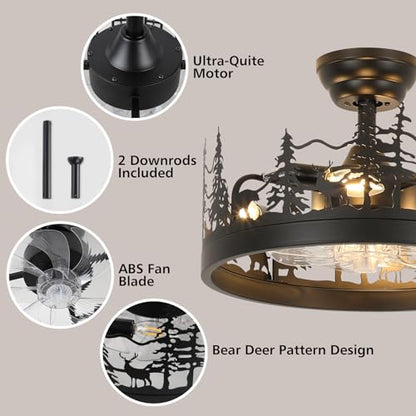 Merexcint Rustic Black Ceiling Fan with Light, Bear and Deer Design