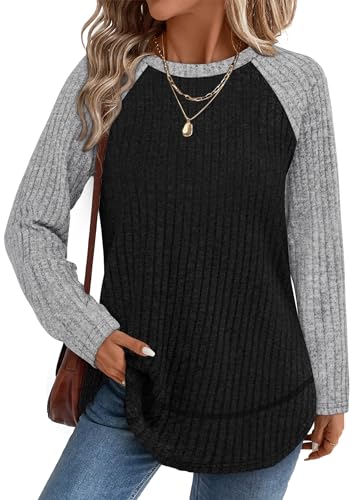 🌈 MANY DIFFERENT COLOR CHOICES - WIHOLL Womens Sweaters Fall Long Sleeve Shirt Women Color Block Sweatshirts Dressy Casual Tunics Trendy 2026 Paneled Grey Black S
