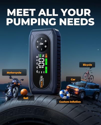 YaberAuto Jump Starter with Air Compressor,5000A Car Battery Booster Jump Starter with 150PSI Tire Inflator, 12V Car Booster Pack (All Gas/9L Diesel),Safety Jump Cable,18W Fast Charge,800 Lumen Light