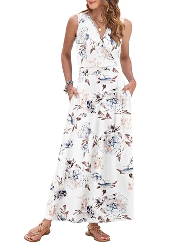 WNEEDU Wedding Guest Dresses for Women Maxi Empire Waist Flowy Summer Dress, Floral White XL