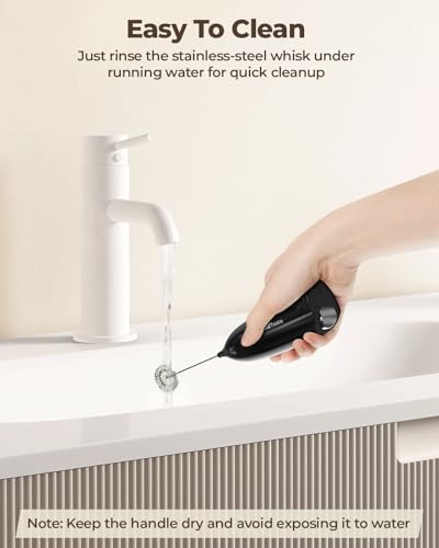 SIMPLETASTE Milk Frother Handheld Electric Foam Maker, Drink Mixer with Stainless Steel Whisk for Cappuccino, Bulletproof Coffee, Latte, Midnight Black, Without Stand, Battery Operated
