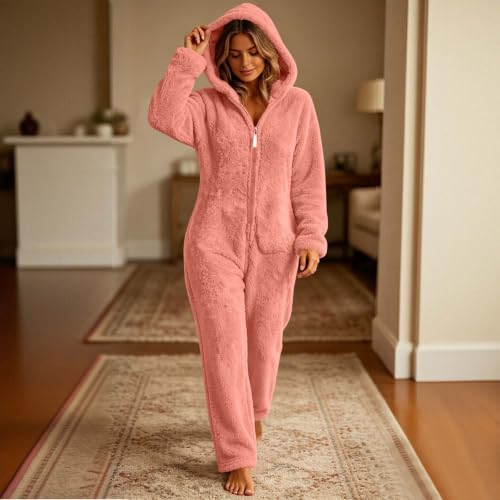Womens Onesie Fleece Zip Up Cuffs Hooded Loose Cute Bear Pajamas | Long Sleeve Soft Fuzzy Jumpsuit,Casual Lounge One Piece Sherpa Sleepwear,Adult Onesie Party Funny Pjs,Fall Winter Loungewear