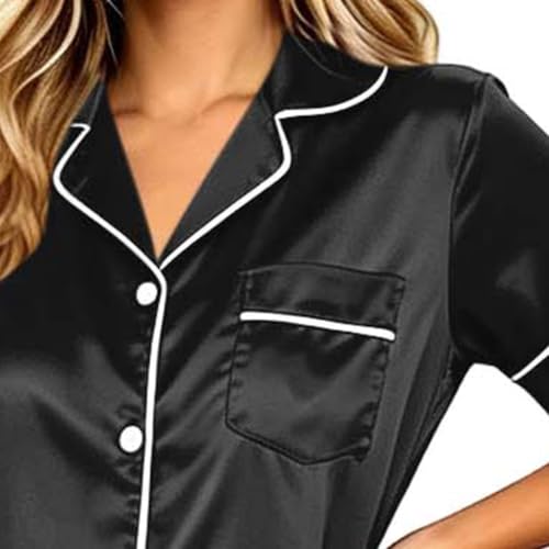 Womens Satin Pajamas Silk Pjs for Women Satin Pajama Sets for Women Short Sleeve Button Down Silk Pjs Sets with Trousers Classic 2 Piece Lounge Sleepwear Black,XXL