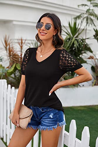 IWOLLENCE Waffle Knit Lace Short Sleeves Blouses V Neck T Shirt Summer Casual Tops for Women Black Medium