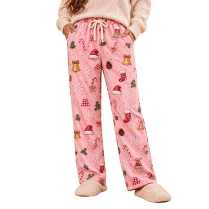 Generic Womens Fleece Pajamas Pants Cute Christmas Pj Pants Plush Sleepwear | Warm Soft Pj Pants for Women Christmas Pajamas Pants Cute Santa Hat Print Pj Bottoms Fuzzy Drawstring Lounge Pant with Pocket