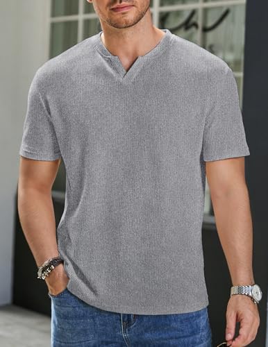 TUREFACE Men's V-Neck Short Sleeve Henley T-Shirts Grey Summer Casual Waffle Textured Pullover Tees