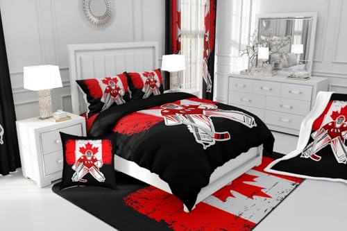 Feelyou Kids Ice Hockey Comforter Set 7 Pieces Twin Size Canada Flag Bedding Set for Boys Girls Winter Sports Hobby Bed in a Bag with Comforter, Sheets, Pillowcases & Cushion Covers