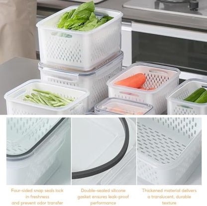 4 in 1 Food Storage Container, Set of 3 Produce Keeper Containers for Fridge, Household Transparent Plastic Food Storage Box-Including Drain Basket, For Vegetable and Berry, Kitchen Organizer