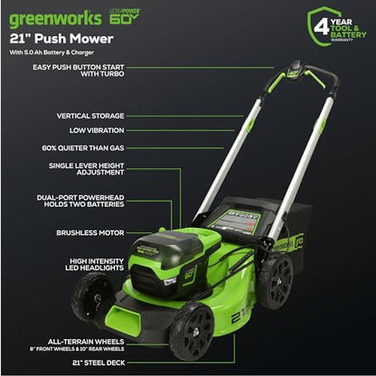 Greenworks 60V 21" Cordless Lawn Mower – 5.0Ah Battery & Rapid Chargerr(75+ Tool Compatibility, 60Min Runtime)